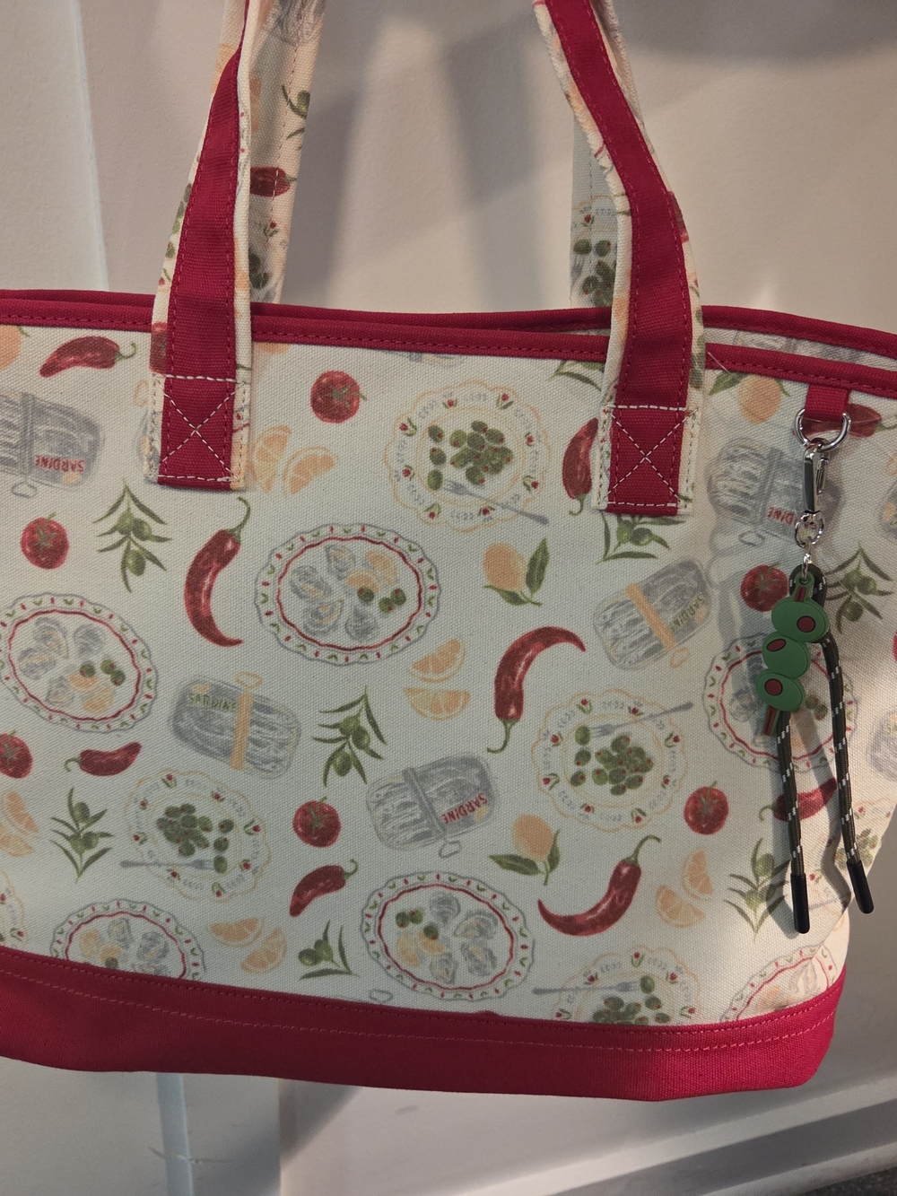 Cream Canvas Tote with Red Trim and Playful Food Print